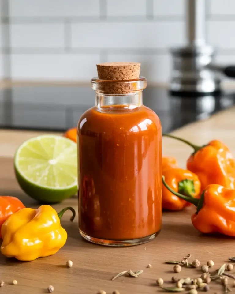 Homemade roasted habanero hot sauce bottled and ready to use