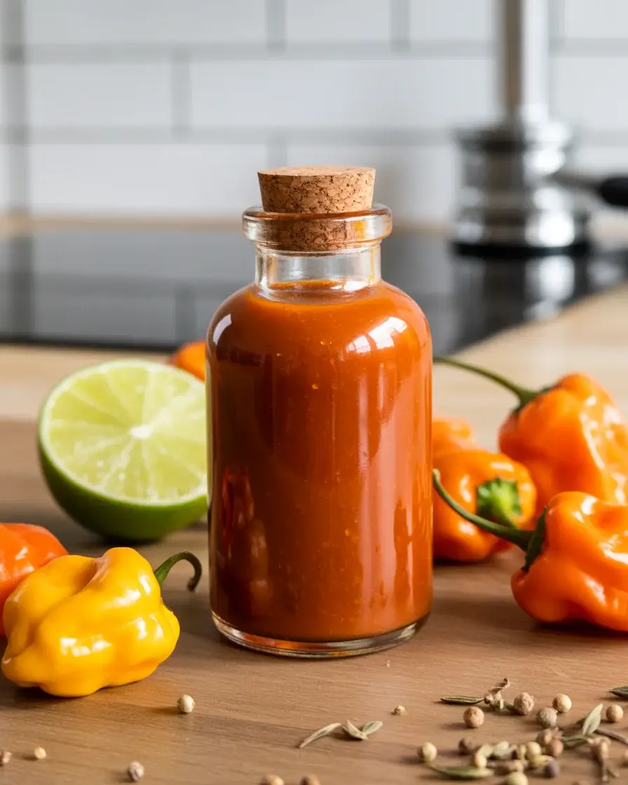 Homemade roasted habanero hot sauce bottled and ready to use