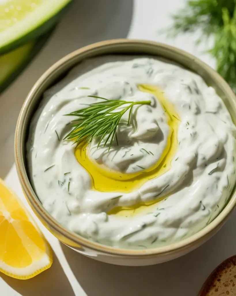Homemade tzatziki with Greek yogurt, cucumber, garlic, and fresh dill