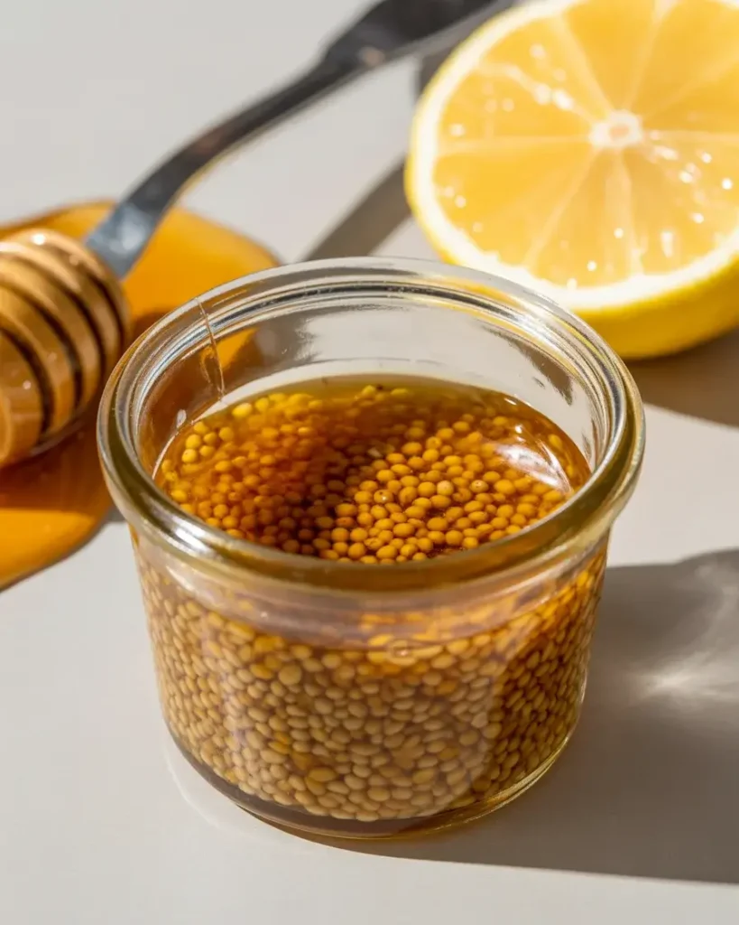 Honey-Dijon dressing with apple cider vinegar - shake until fully emulsified