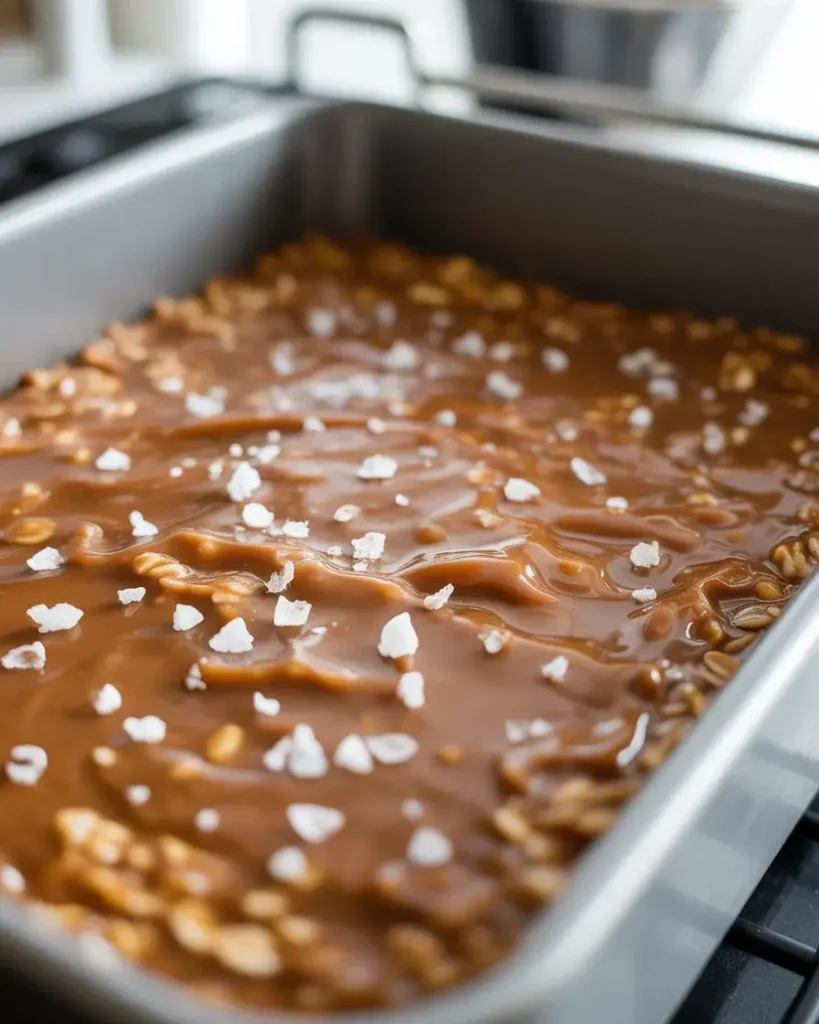 Hot bars fresh from oven with flaky sea salt and bubbling caramel edges