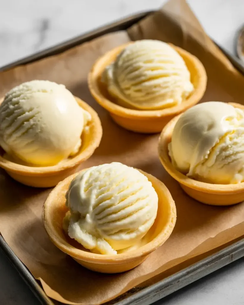 Ice cream filled tarts leveled to the rim, ready for freezing
