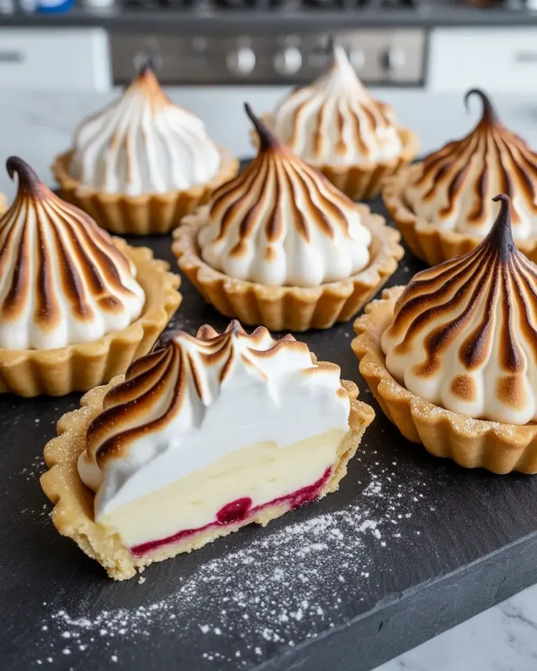 Individual baked Alaska tarts with torched meringue, crispy shells, and cold ice cream center