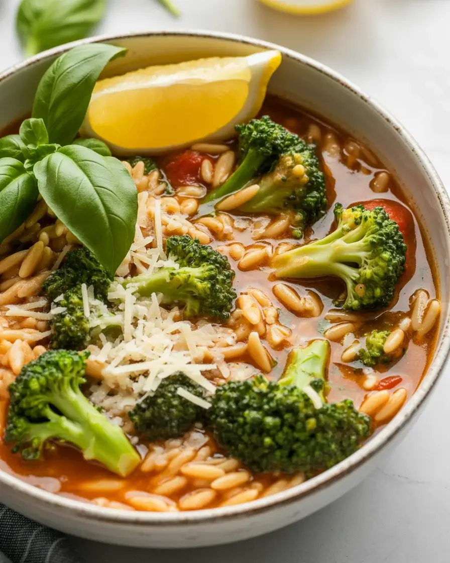Italian broccoli orzo soup topped with parmesan, olive oil, and fresh basil - no cream needed