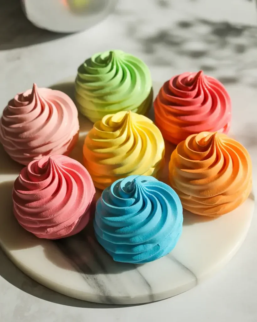 Jello meringue cookies in six flavors showing the rainbow of color options available