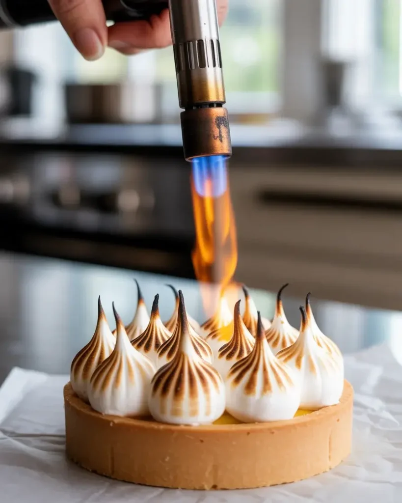 Kitchen torch browning meringue tips to golden, toasted perfection