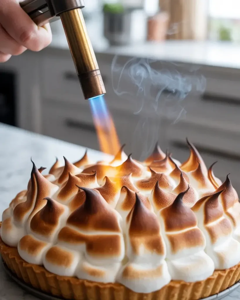Kitchen torch toasting meringue peaks to golden amber - watch carefully for even color