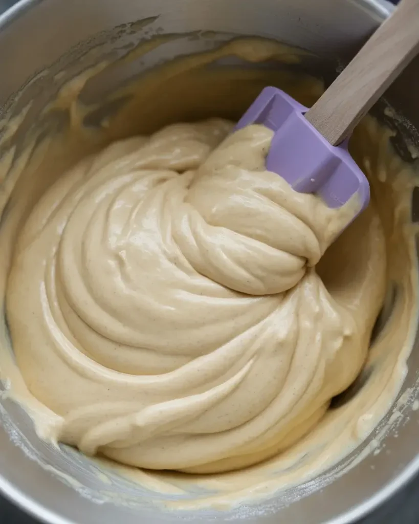 Lavender cake batter folded just until smooth with no dry streaks remainingLavender cake batter folded just until smooth with no dry streaks remaining