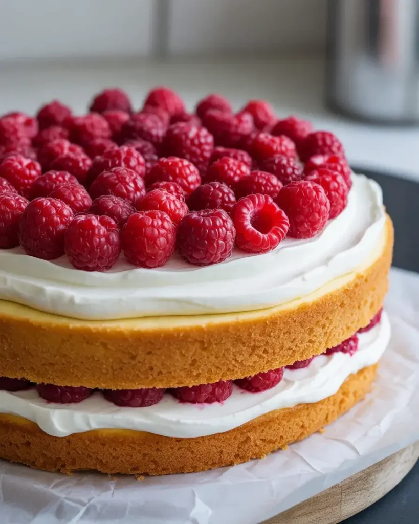 Layering fresh raspberries and whipped cream between golden vanilla sponge layers