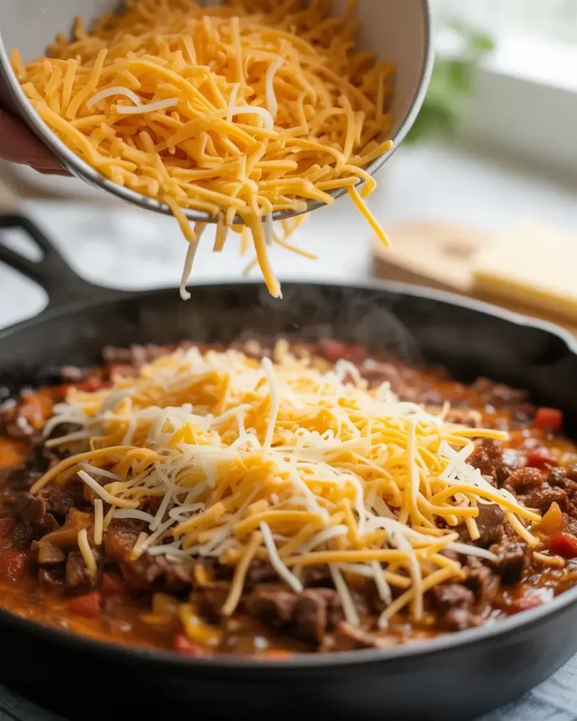 Layering sharp cheddar over hot beef filling to create a gooey cheese middle layer
