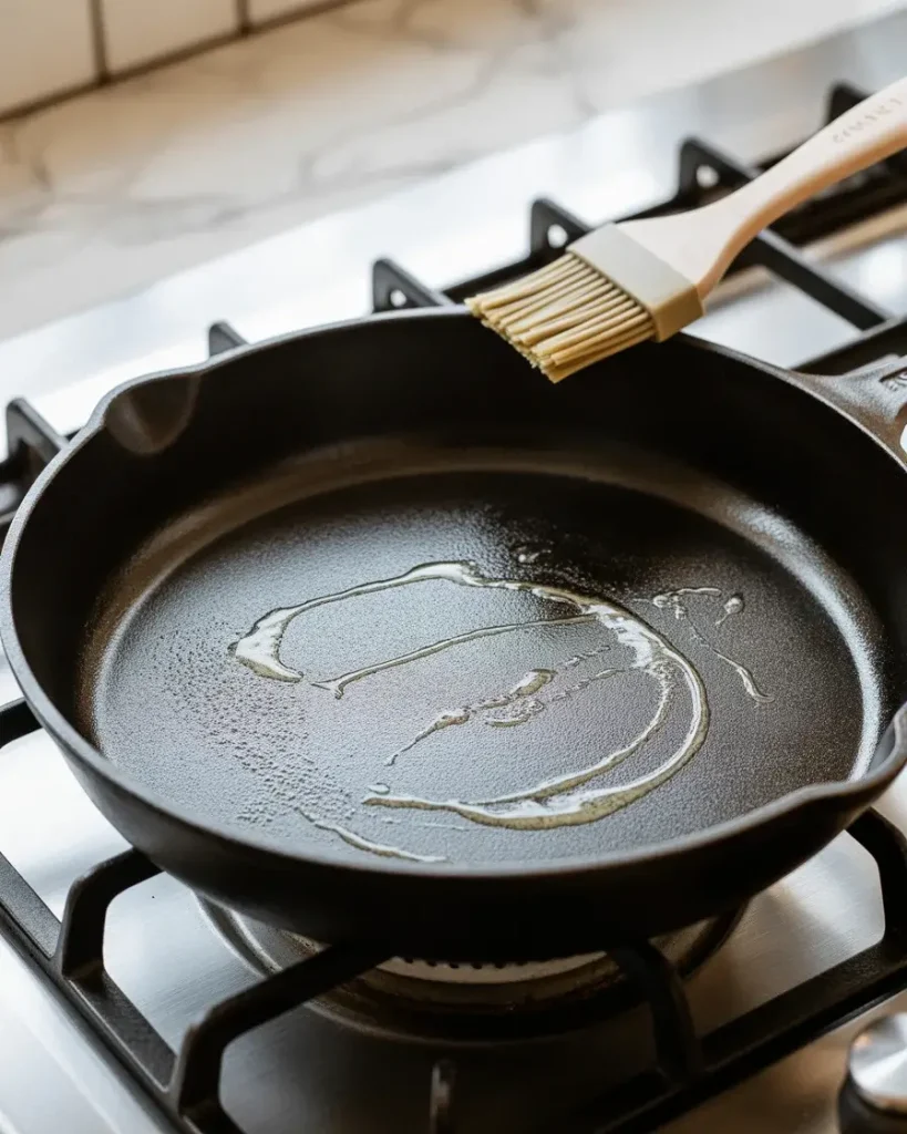 Lightly buttered cast iron skillet at the right medium-low heat for golden poppers