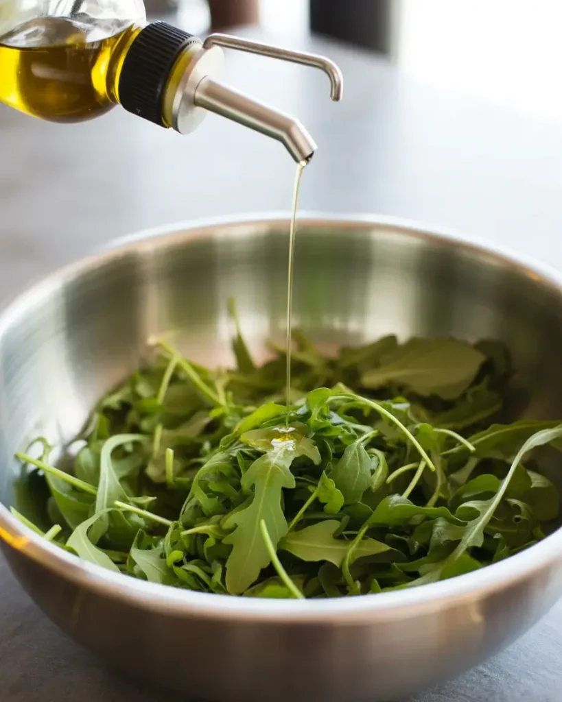 Lightly coat greens in plain olive oil first to slow wilting before dressing