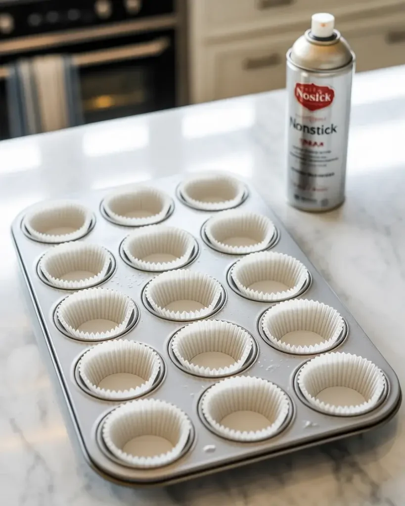 Lined and sprayed muffin tin ready for Baileys mini cheesecake filling