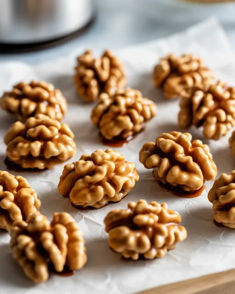 Maple candied walnuts cooling on parchment - pull them the moment they smell done