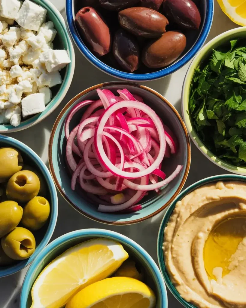 Mediterranean bowl toppings including feta, olives, pickled onion, and fresh herbs
