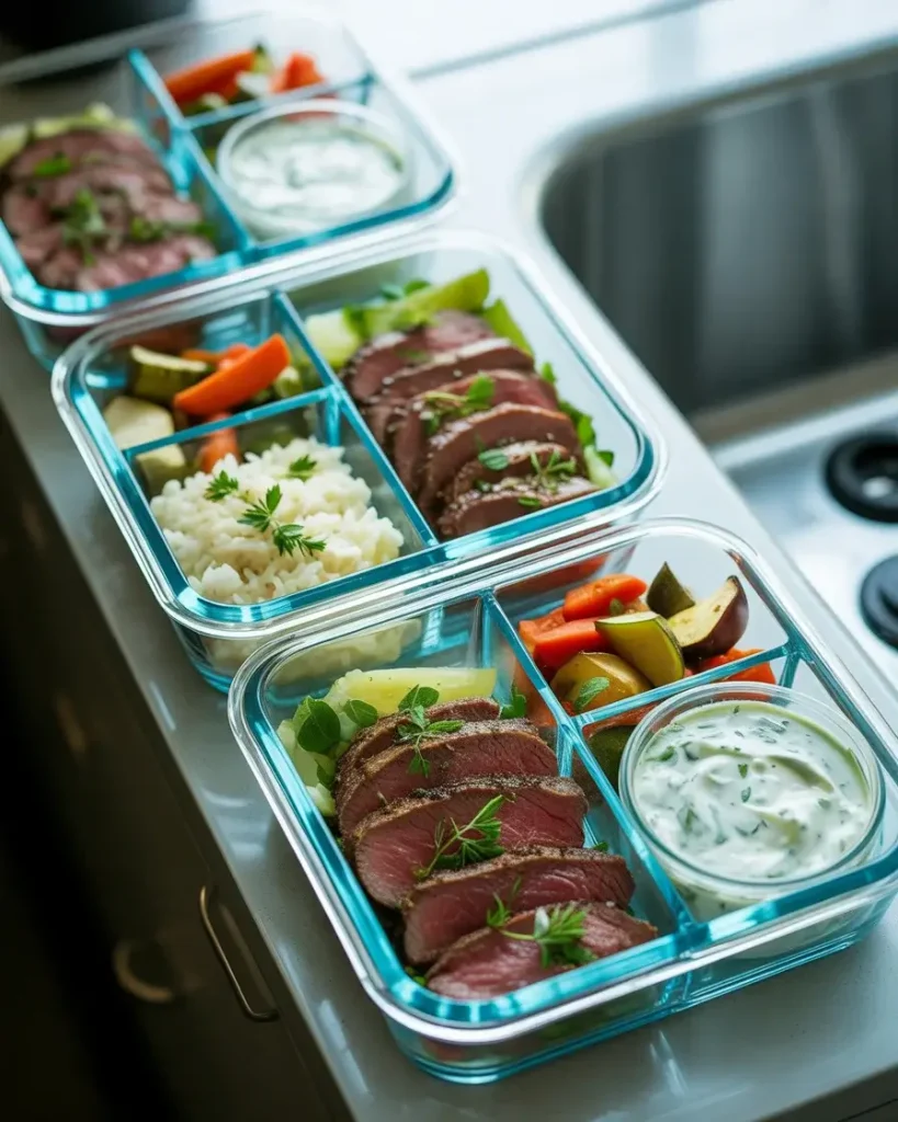 Mediterranean steak bowl meal prep containers stored separately for best texture