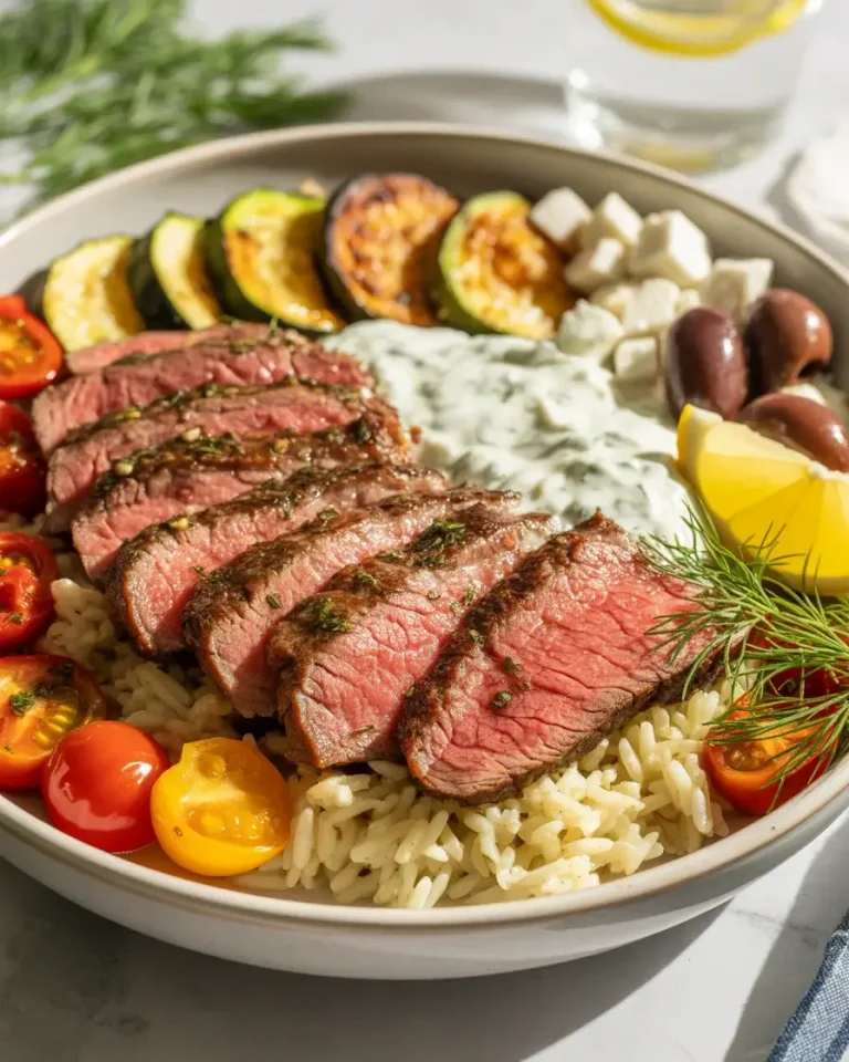 Mediterranean steak bowl with herbed rice, tzatziki, roasted vegetables, and crumbled feta