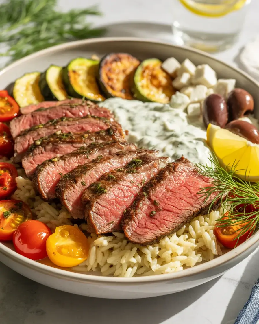 Mediterranean steak bowl with herbed rice, tzatziki, roasted vegetables, and crumbled feta