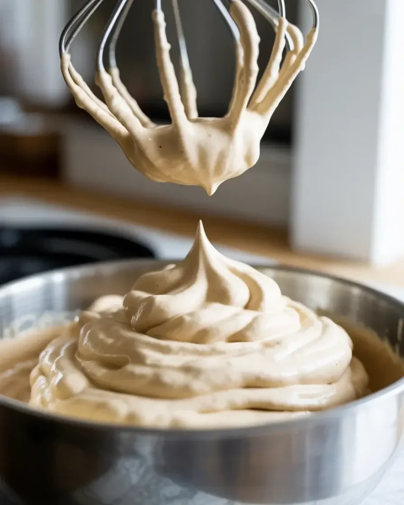 Medium-stiff peaks hold their shape and have a slight glossy sheen