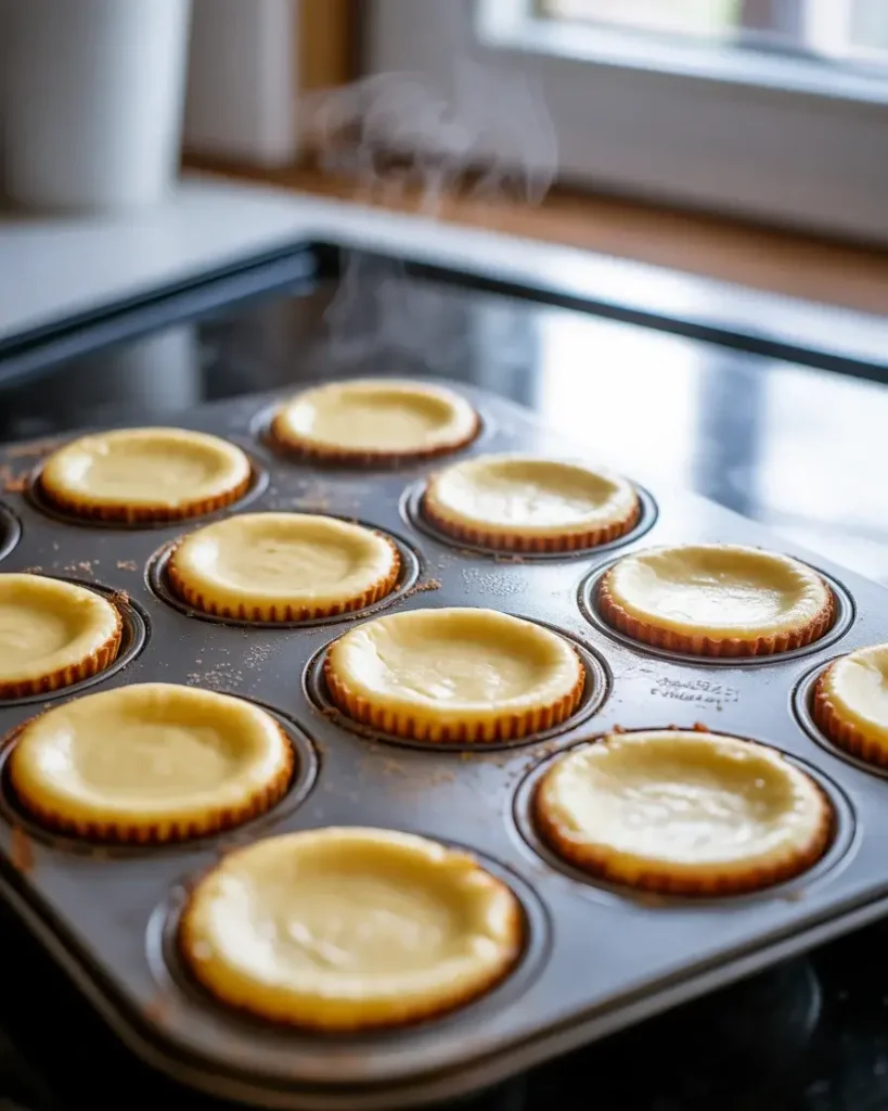 Mini cheesecakes fresh from the oven with set edges and slightly jiggly centers