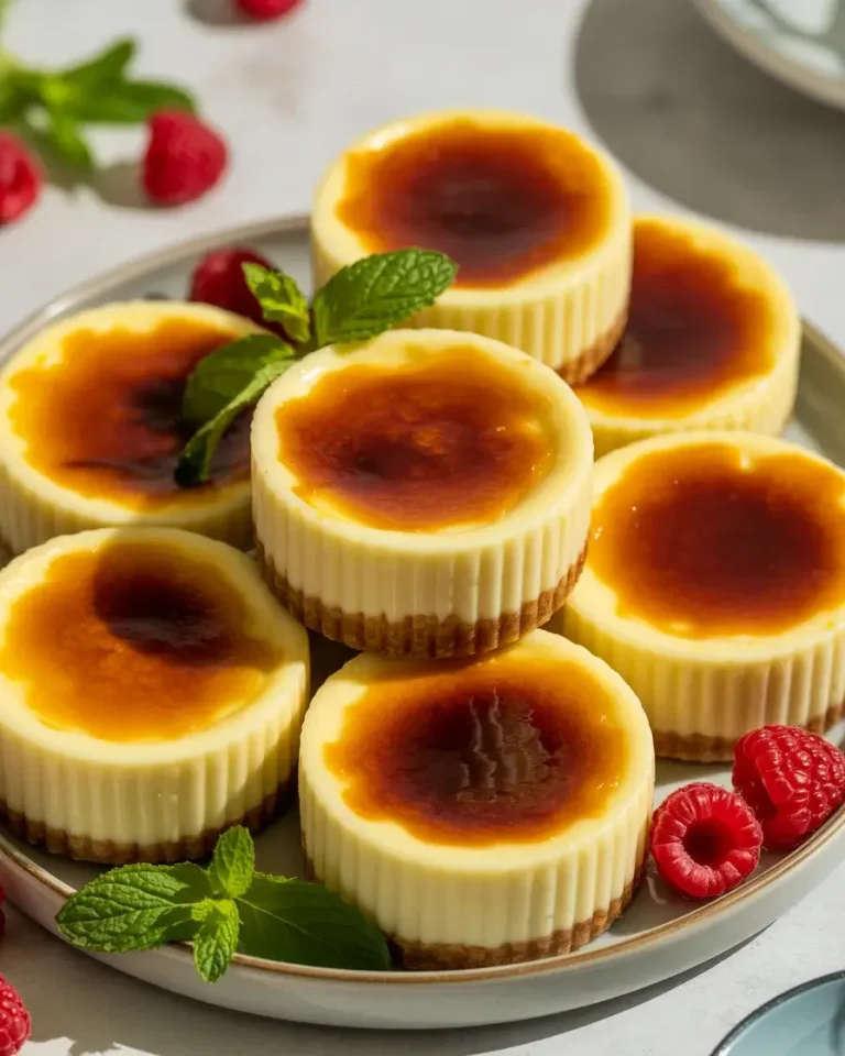 Mini creme brulee cheesecakes with crackly amber tops and silky creamy filling - the ultimate two-in-one dessert