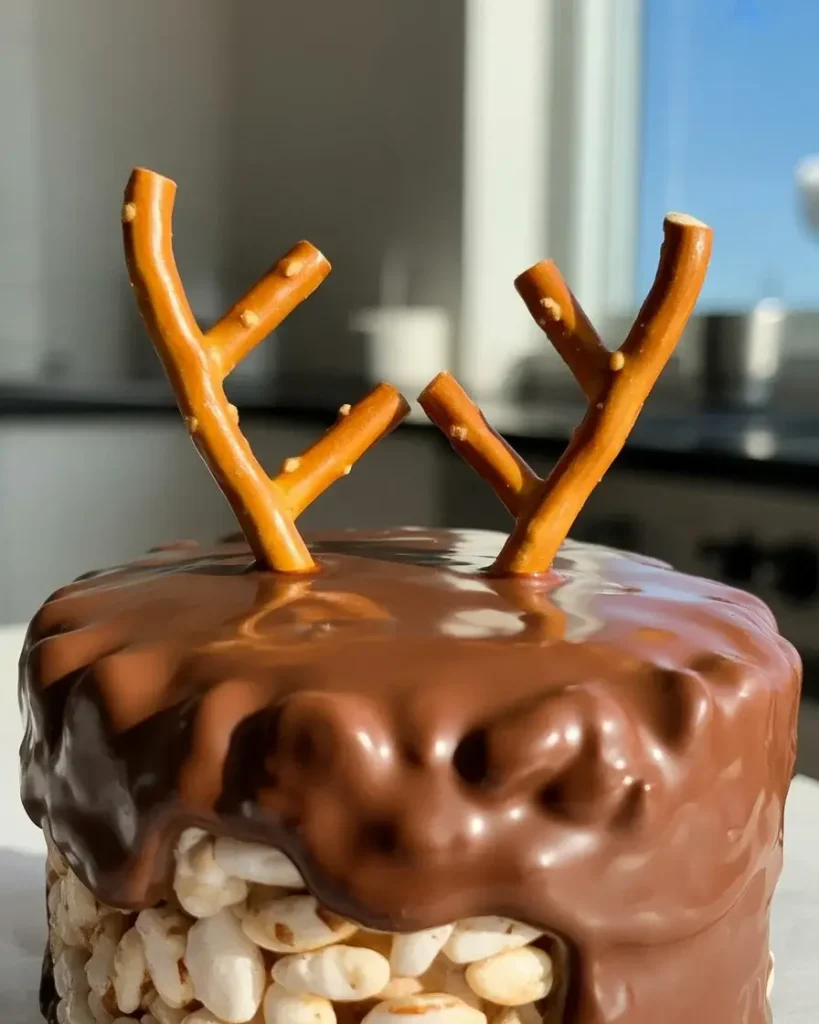 Mini pretzel antlers pressed into wet chocolate at the perfect outward angle
