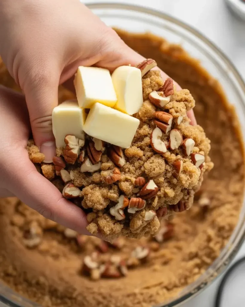 Mixing butterscotch crunch topping with dark brown sugar, pecans, and cold butter