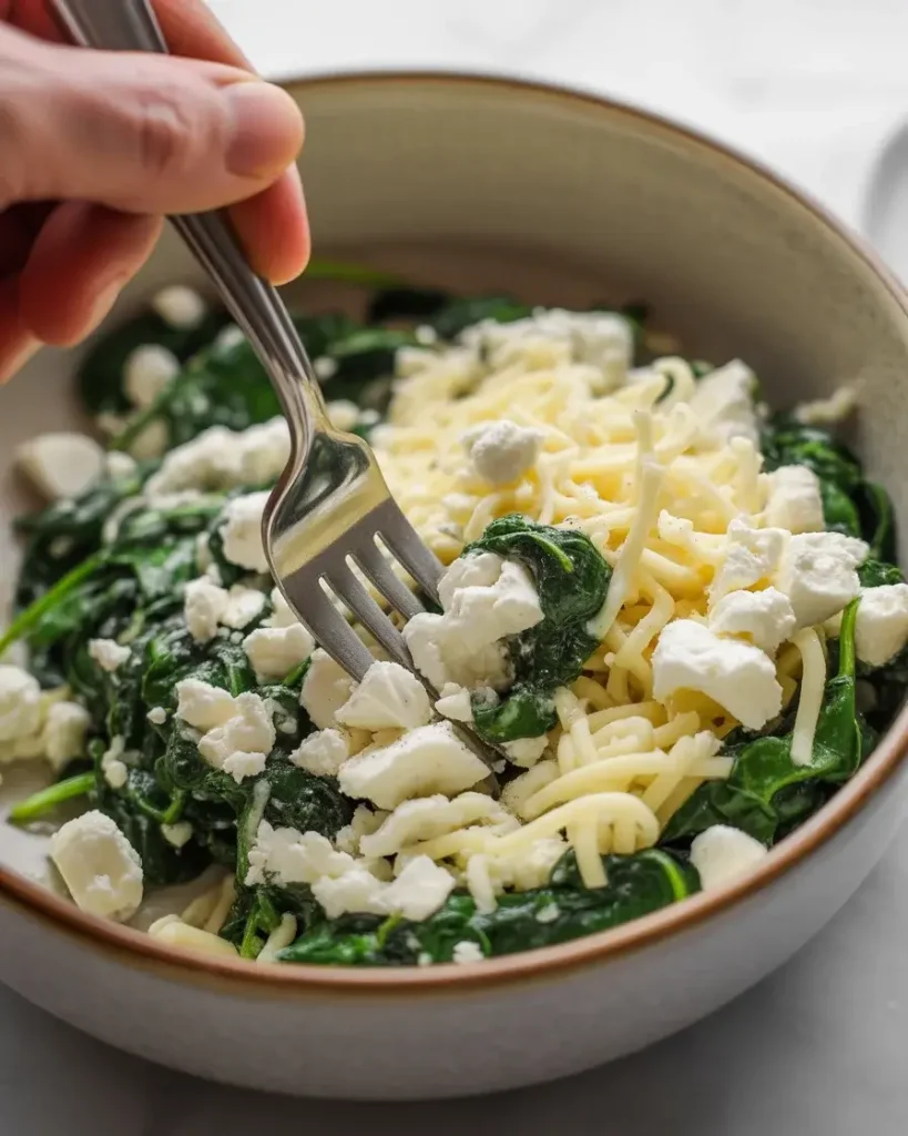 Mixing crumbled feta, mozzarella, and wilted spinach for the perfect quesadilla filling