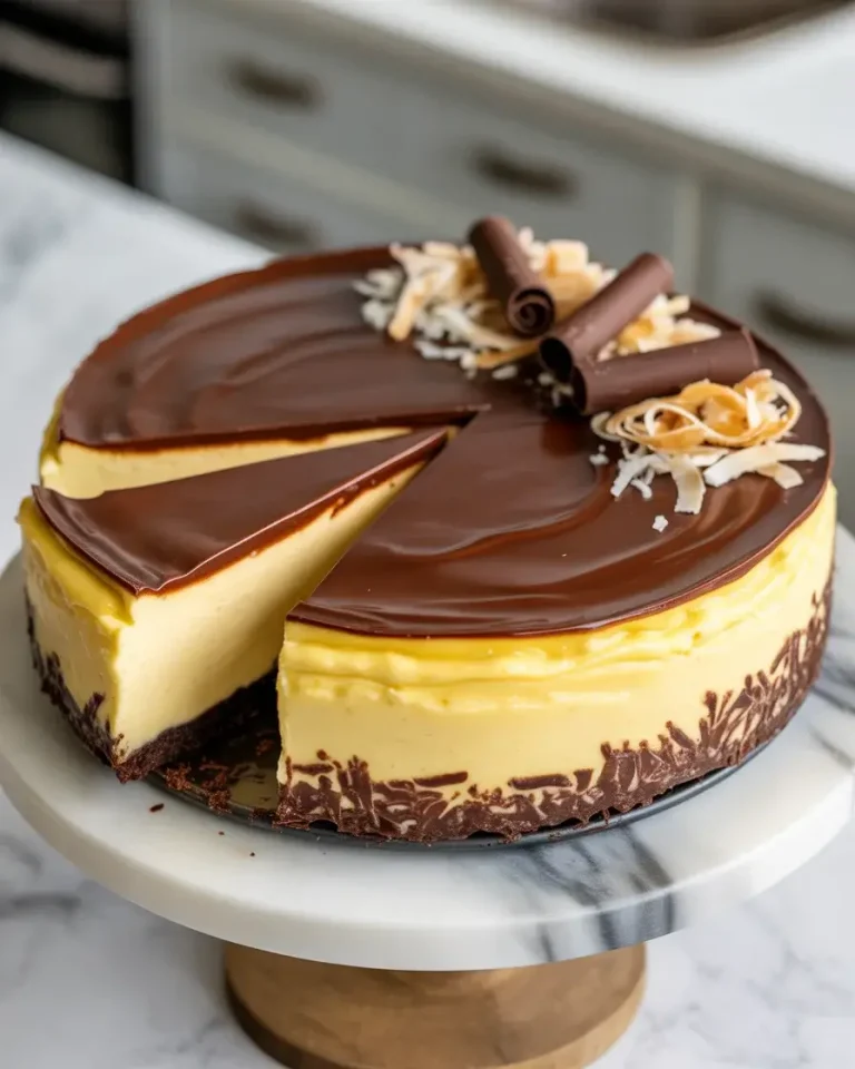Nanaimo-bar-cheesecake-with-three-gorgeous-layers-topped-with-glossy-dark-chocolate-ganache