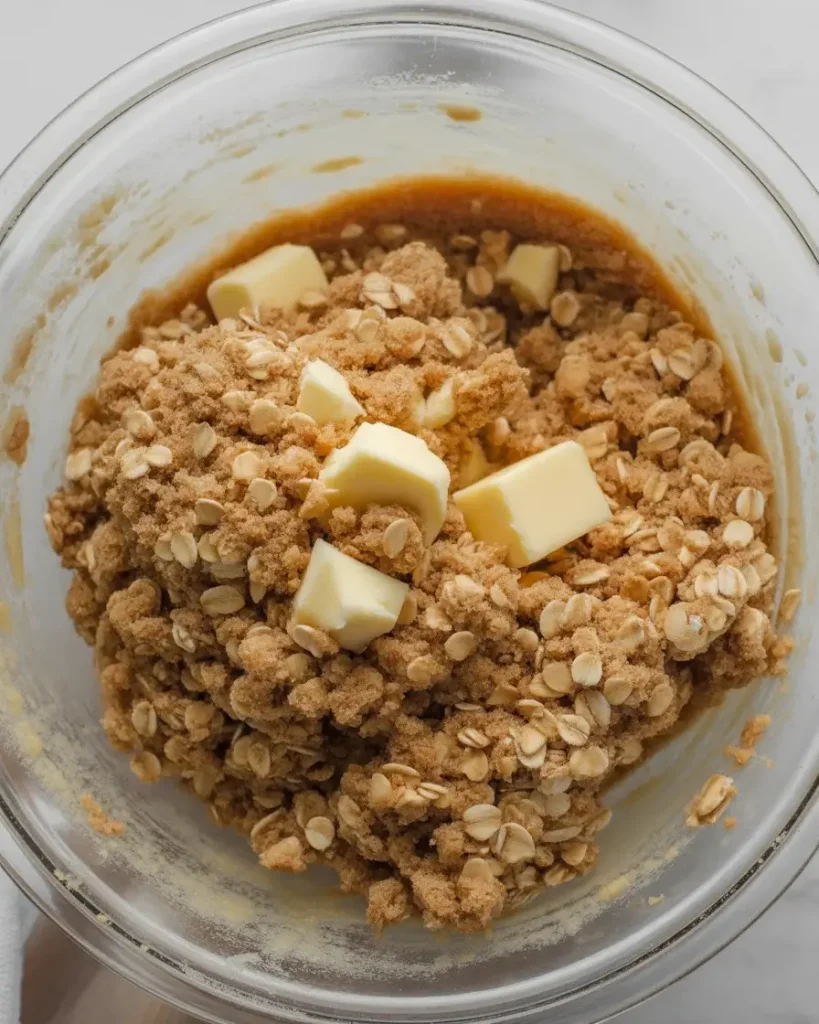 Oat base mixture with cold butter creating the perfect crumbly texture