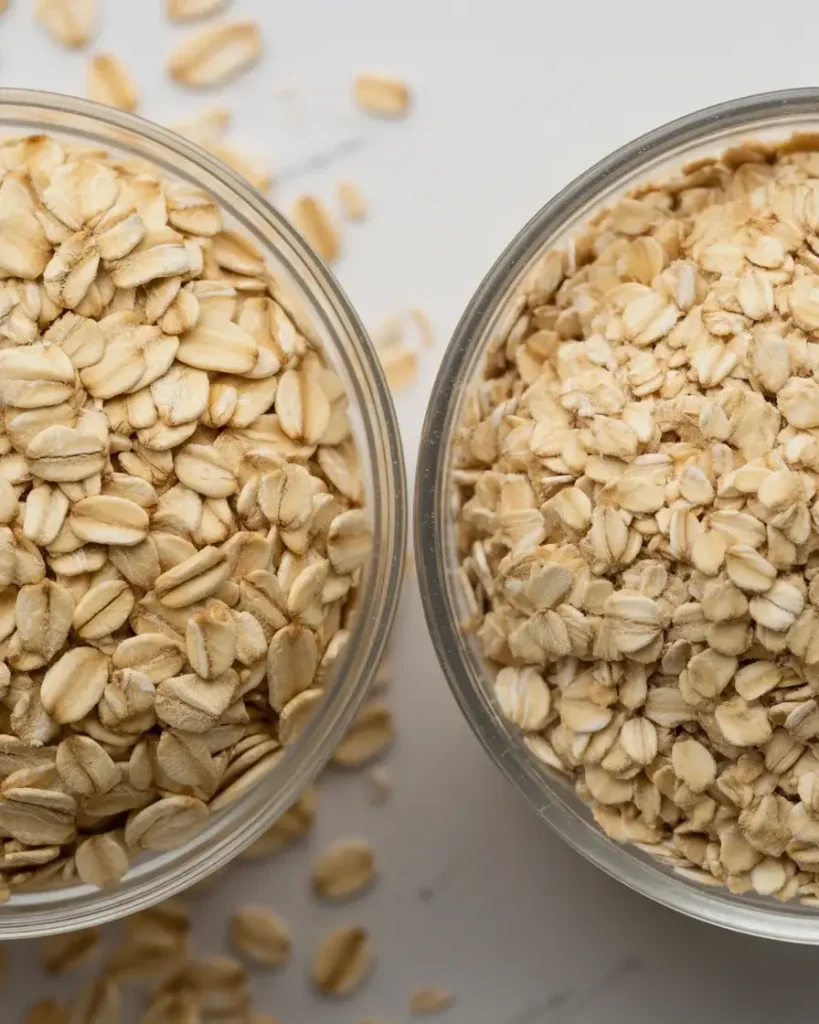 Old-fashioned oats versus quick oats showing texture differences for baking