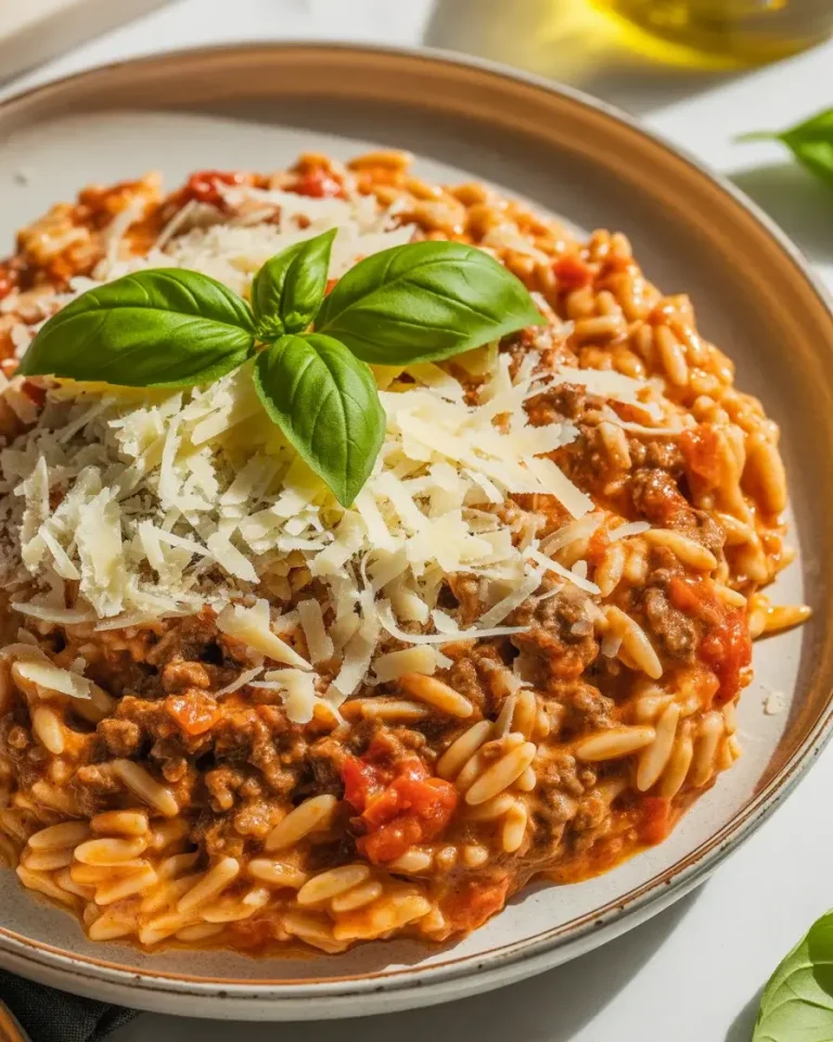 One-pan ground beef orzo in tomato cream sauce - a 30-minute weeknight dinner