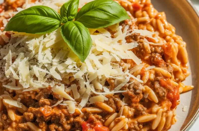 Ground Beef Orzo with Tomato Cream Sauce