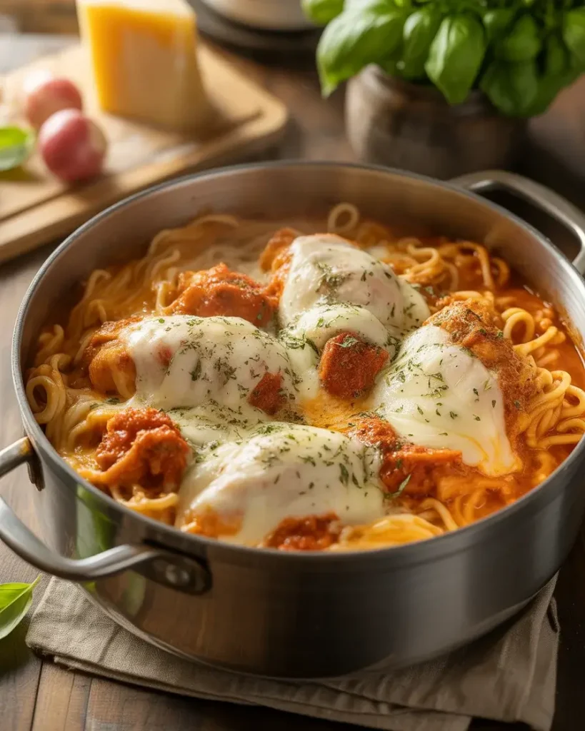 One pot chicken parmesan pasta loaded with melty cheese and rich marinara sauce.