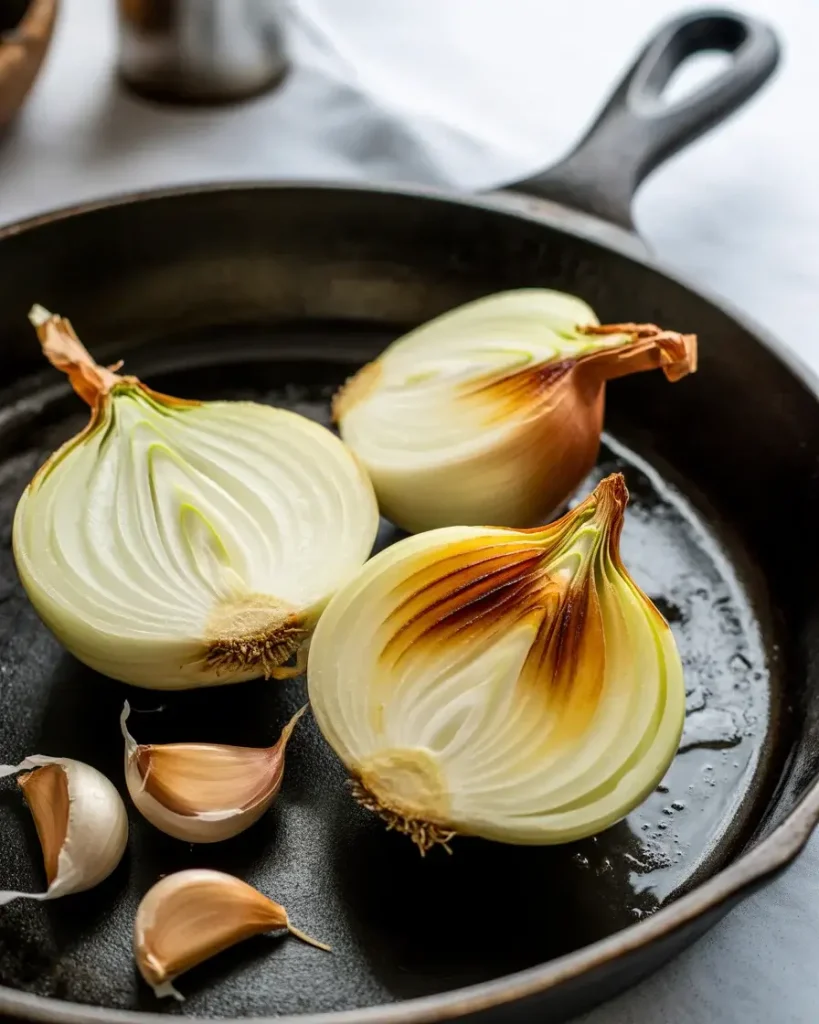 Onion halves caramelized golden brown with garlic roasted in its protective skin