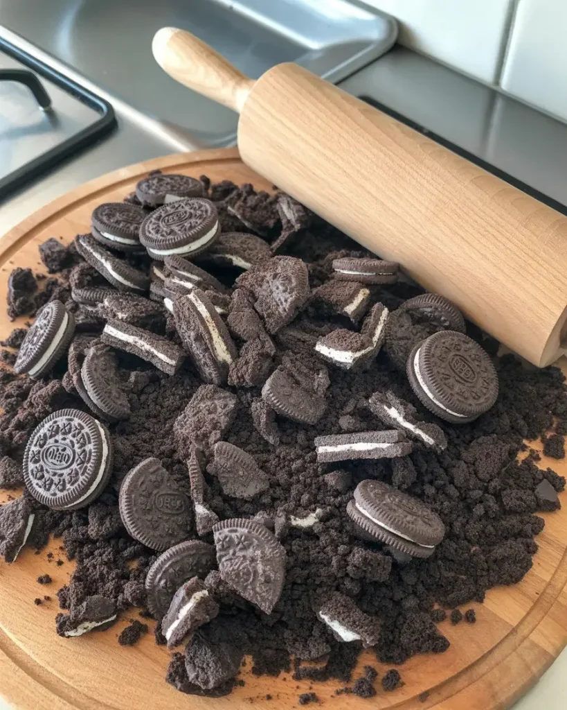 Oreos crushed to different sizes for realistic-looking Easter dirt cake soilOreos crushed to different sizes for realistic-looking Easter dirt cake soil