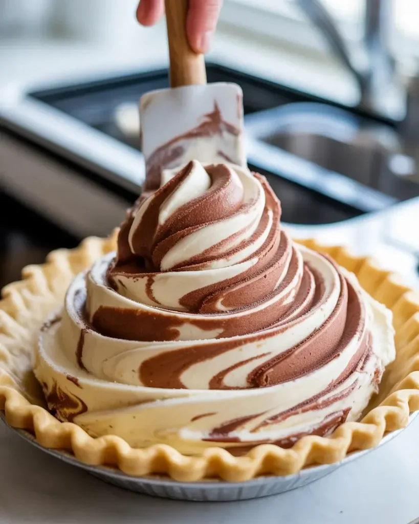 Packing softened ice cream firmly into the frozen crust for a clean, even layer