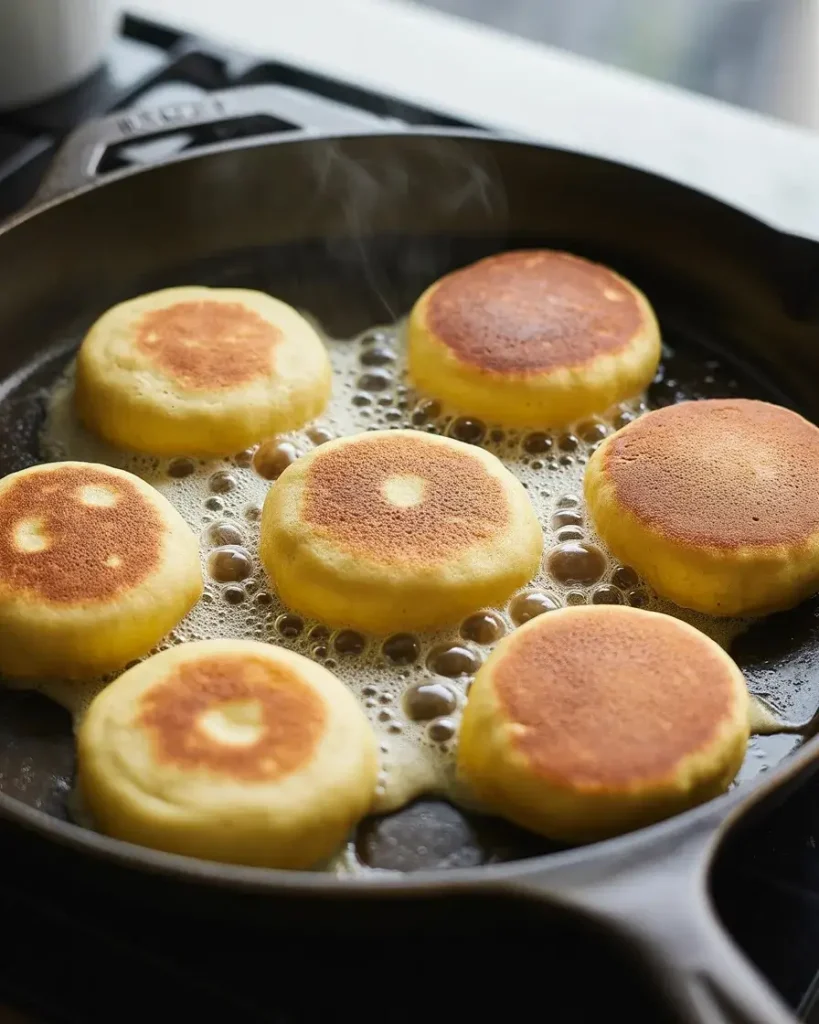 Pancake poppers cooking until bubbles form on top and edges look matte before flipping