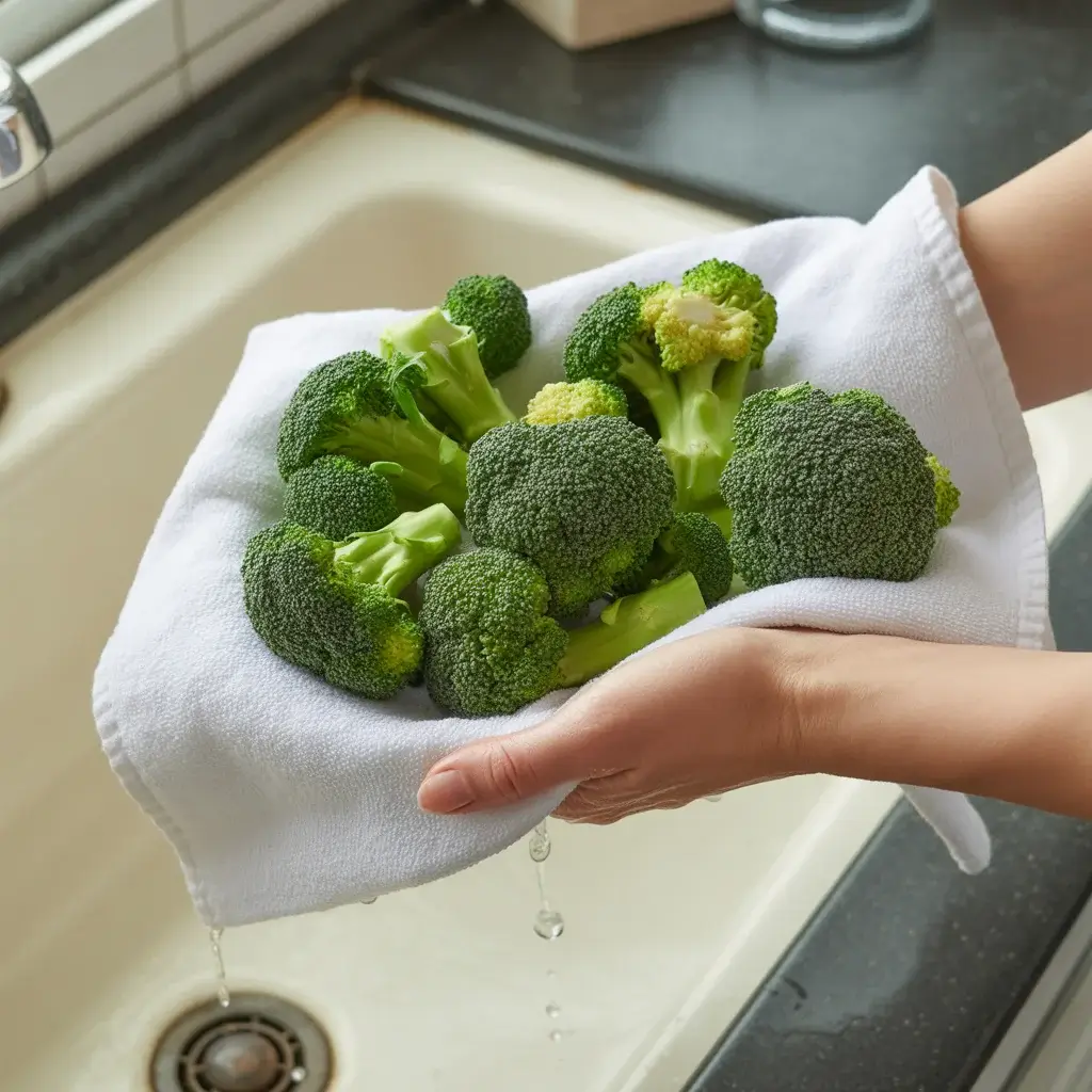 Patting broccoli completely dry before mixing prevents a watery salad