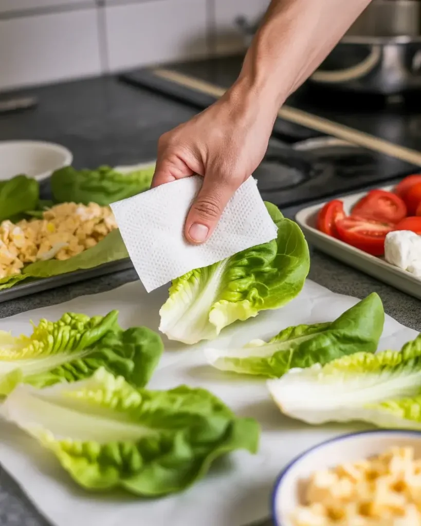 Patting lettuce cups dry to prevent soggy wraps before filling