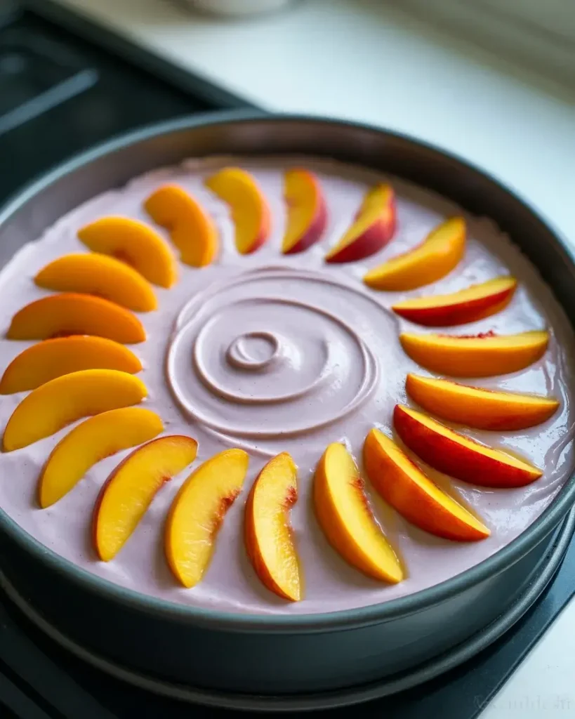 Peach slices fanned decoratively over lavender batter before baking
