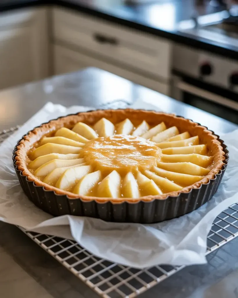 Pear frangipane tart stored at room temp - bake ahead for even better flavor