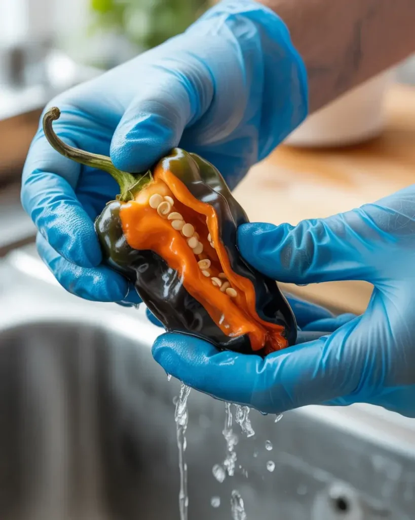 Peeling roasted habaneros under cool water reveals vibrant orange flesh