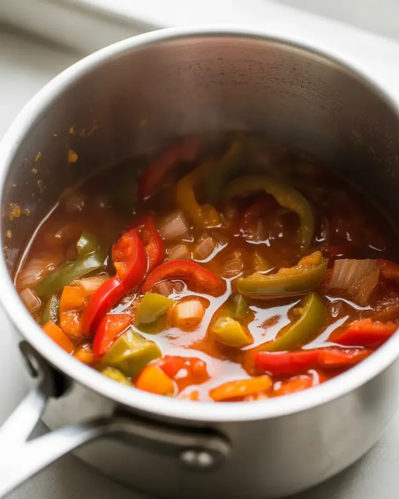 Peppers simmering in pickle brine and apple cider vinegar until tender