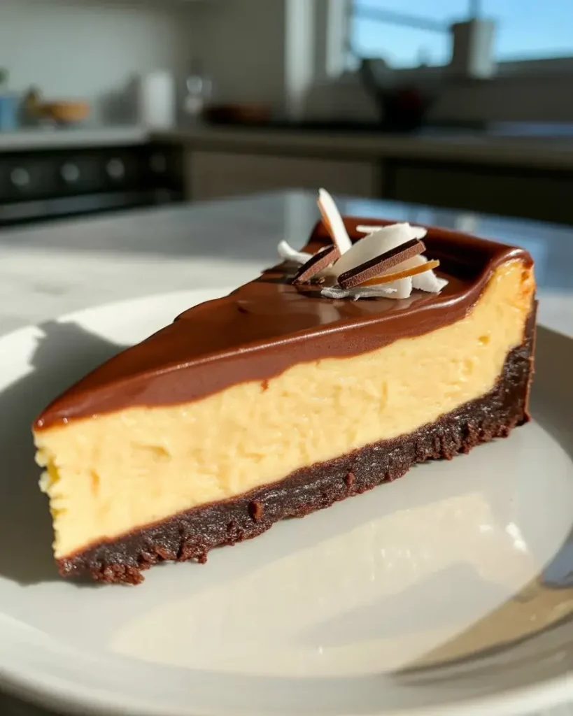 Perfect Nanaimo bar cheesecake slice showing three gorgeous layers on a white plate