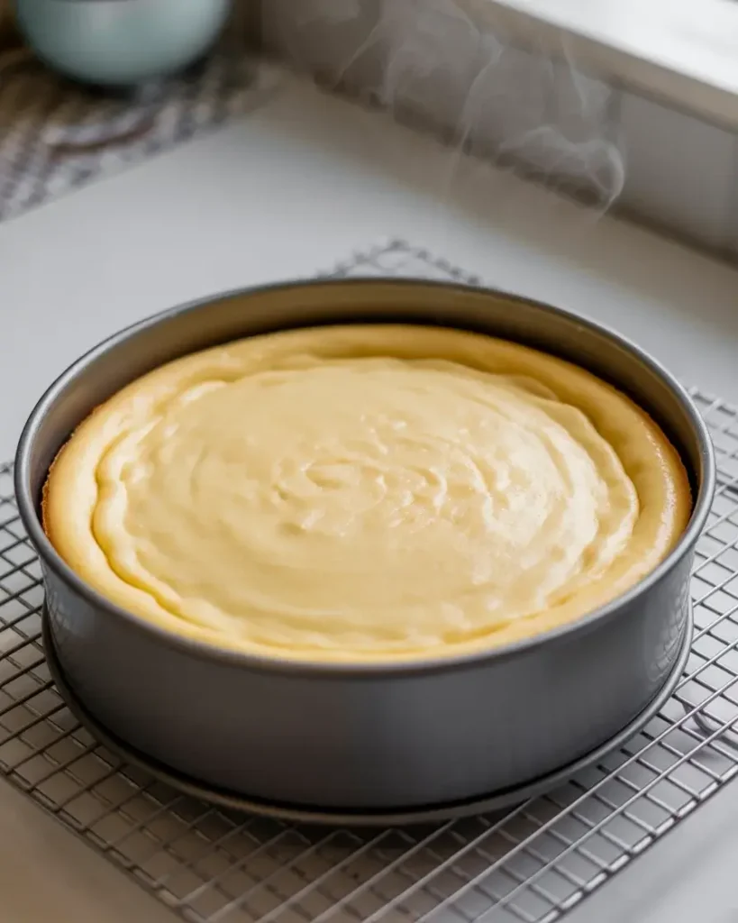 Perfectly baked cheesecake with set edges and a slight center jiggle - cooling slowly