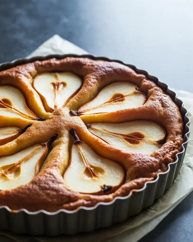 Perfectly baked pear frangipane tart with golden almond cream puffed around tender pears