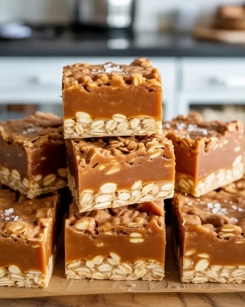 Perfectly cut bars showing layers of oat base, caramel, and topping