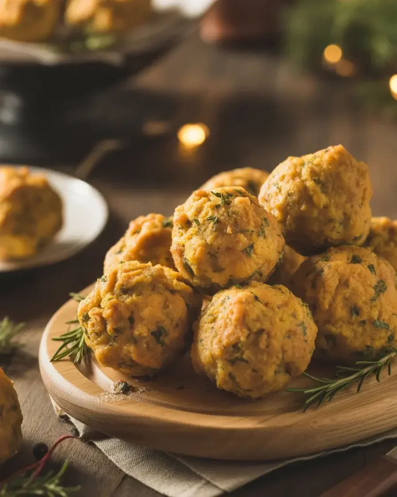 Perfectly golden savory stuffing balls garnished with fresh herbs on a festive board