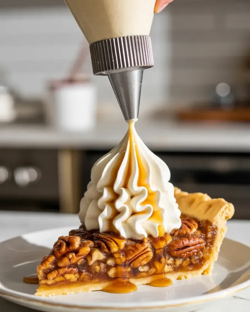  Piped maple whipped cream on pecan pie holds its shape for up to 2 hours